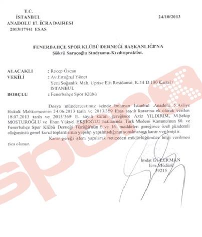 İcra Müdürlüğü'nden Fenerbahçe'ye şok İcra Müdürlüğü'nden Fenerbahçe'ye şok