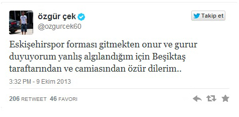 Özgür Çek, Beşiktaş'tan özür diledi Özgür Çek, Beşiktaş'tan özür diledi